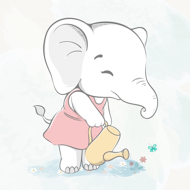 Mignon Bebe Elephant Arrosant Le Dessin A La Main De Fleur D Eau Couleur Vecteur Premium