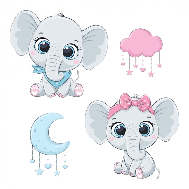 Mignon Bebe Elephant Garcon Et Fille Vecteur Premium