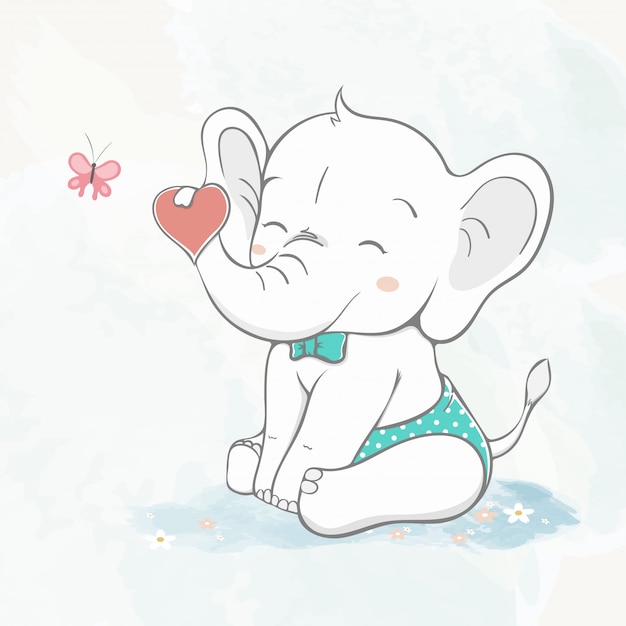 Mignon Bebe Elephant Avec La Main De Dessin Anime Coeur Eau Couleur Dessin Vecteur Premium