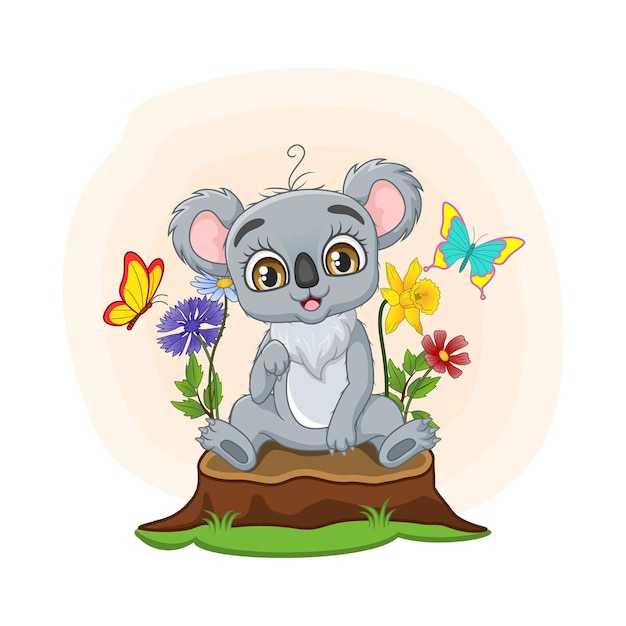 Mignon Bebe Koala Assis Sur Une Souche D Arbre Vecteur Premium