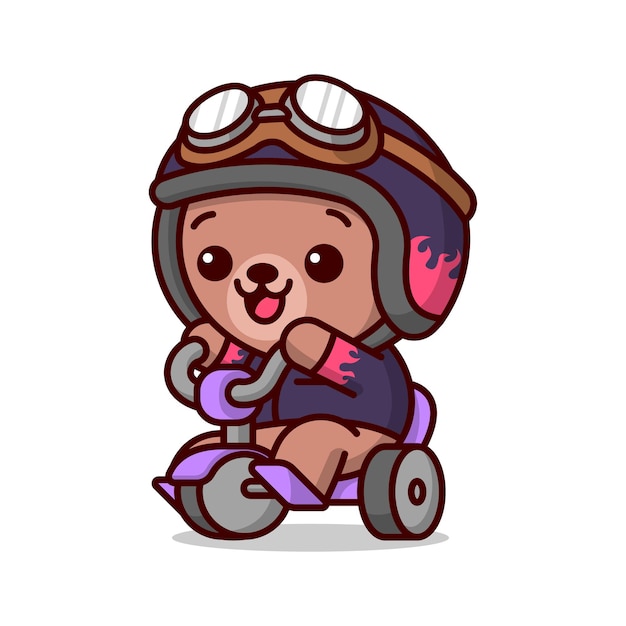 Mignon Bebe Ours Marron En Tenue De Motard Se Sente Heureux Quand Montee Sur Un Tricycle Violet Vecteur Premium