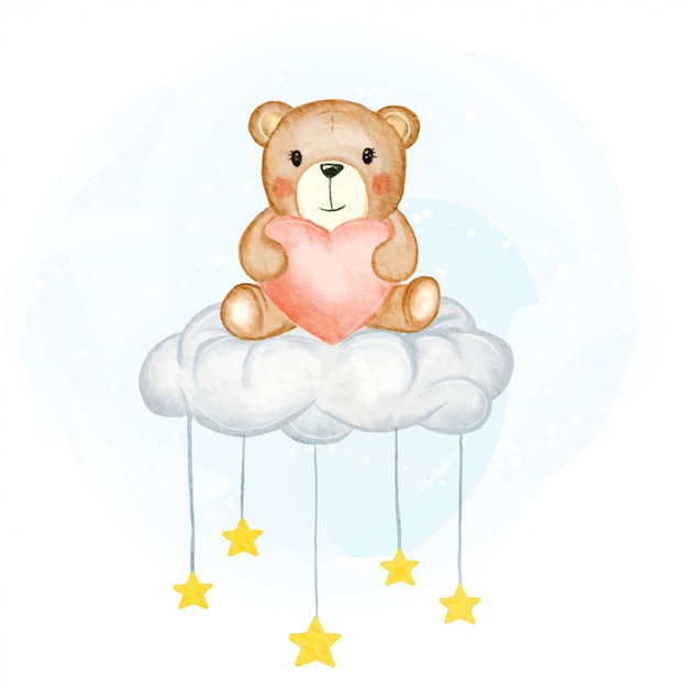 Mignon Bebe Ours Tenant La Forme De L Amour Assis Sur L Illustration Aquarelle De Nuages Etoiles Vecteur Premium