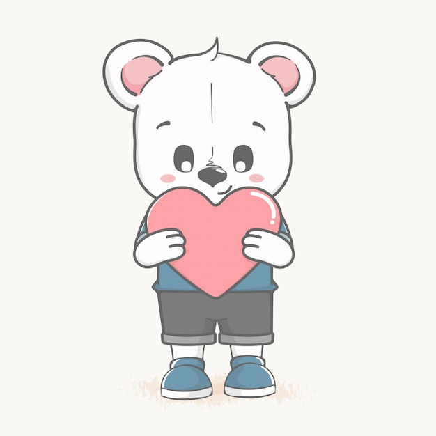 Mignon Bebe Ours Tenir Un Dessin Anime De Gros Coeur Vecteur Premium