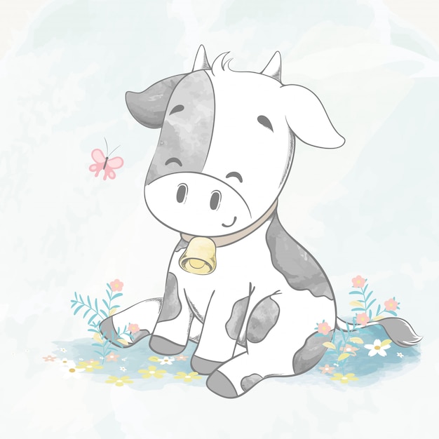 Mignon Bebe Vache Jouer Avec Papillon Aquarelle Dessin Anime Dessine A La Main Illustration Vecteur Premium