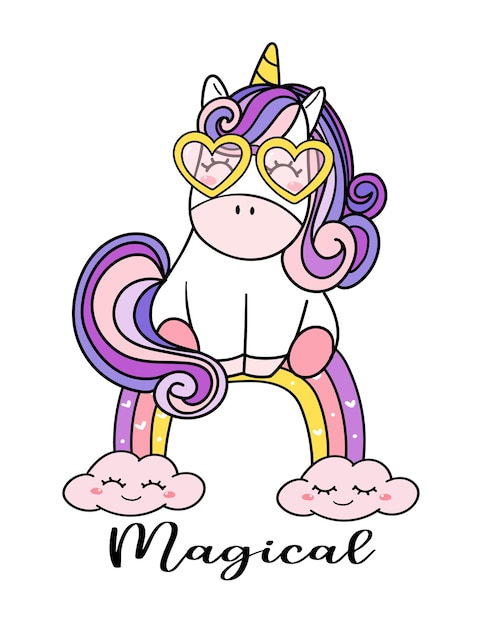 Mignon Bebe Violet Magique Licorne Avec Des Lunettes Assis Sur L Arc En Ciel Illustration De Dessin Anime Doodle Style De Pepiniere Vecteur Premium