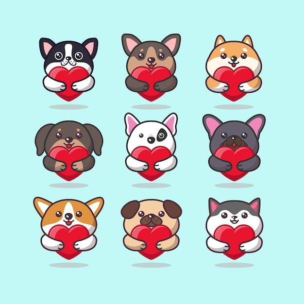 Vecteur Premium Mignon Chien Kawaii Animaux Soins Emoticone Etreignant Un Coeur Rouge