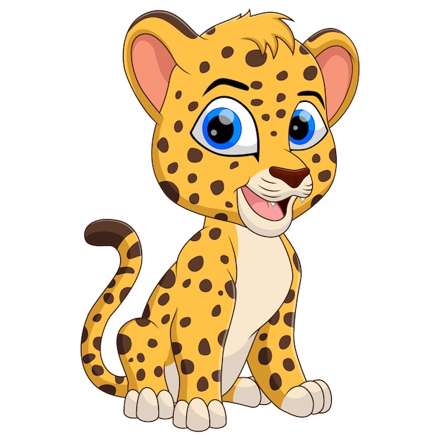 Mignon Un Dessin Anime De Leopard Assis Et Souriant Vecteur Premium