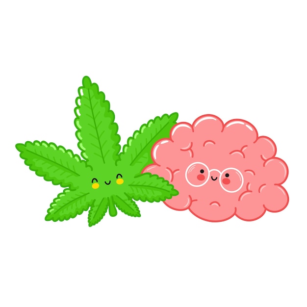 Mignon Drole Heureux Weed Marijuana Feuille Et Cerveau Caractere Vector Ligne Plate Dessin Anime Kawaii Caractere Illustration Icone Isole Sur Fond Blanc Canabis Medical Mauvaises Herbes Concept De Caractere D Organe Cerebral Vecteur Premium