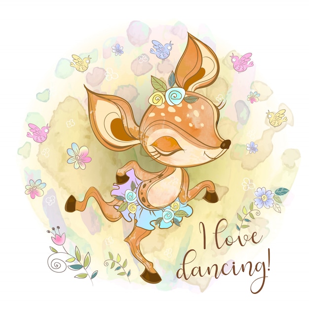 Mignon faon dans un tutu danse Vecteur Premium