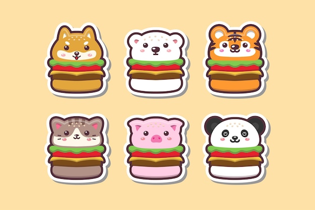 Mignon Kawaii Animal Burger Dessin Autocollant Set Illustration Vecteur Premium