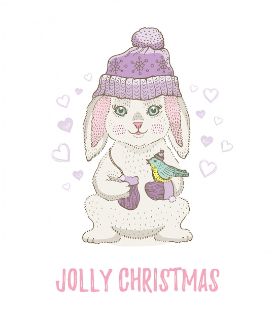 Mignon Lapin Croquis De Noel Avec Oiseau Joyeux Noel Et Nouvel An Bande Dessinee Illustration Vectorielle Aquarelle Vecteur Premium