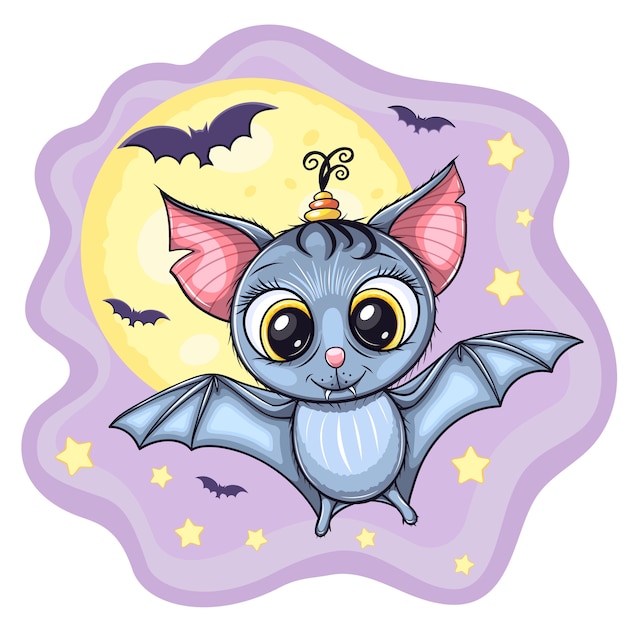 Mignon Petit Bebe Chauve Souris Volant Avec La Lune Et Les Etoiles Sur Fond Vecteur Premium