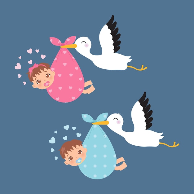 Mignon Petit Garcon Et Fille Porte Par Une Cigogne Clipart De Decoration De Douche De Bebe Vecteur Premium