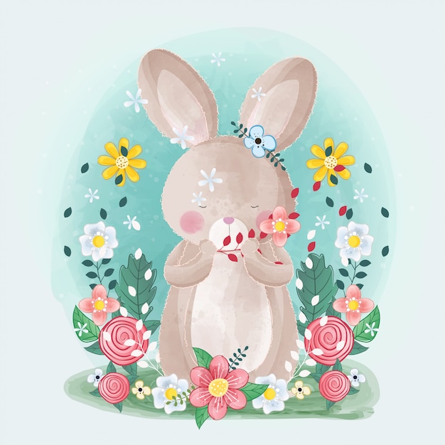 Mignon Petit Lapin Avec Des Fleurs Vecteur Premium