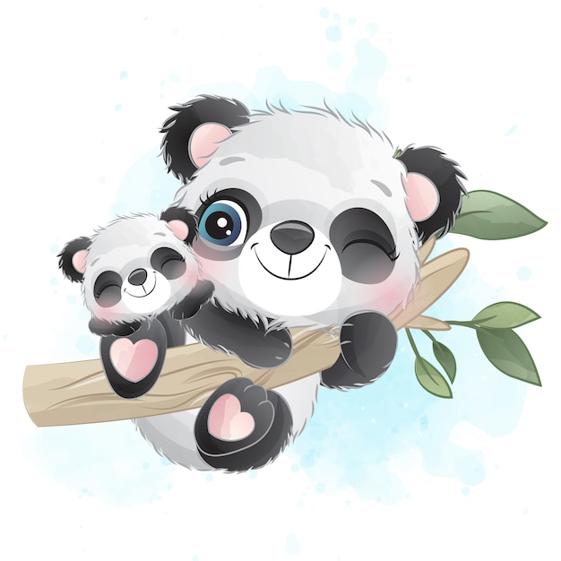 Mignon Petit Panda Mere Et Bebe Accroche Dans L Arbre Vecteur Premium