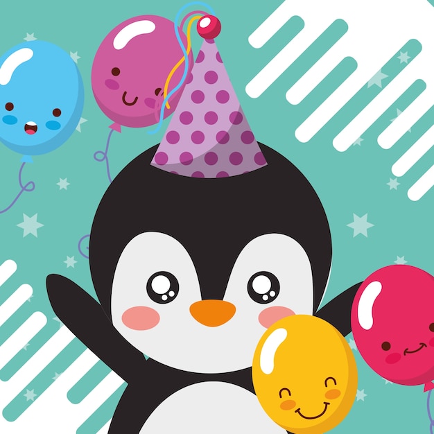 Mignon Pingouin Ballons Joyeux Anniversaire Carte De Voeux Vecteur Premium