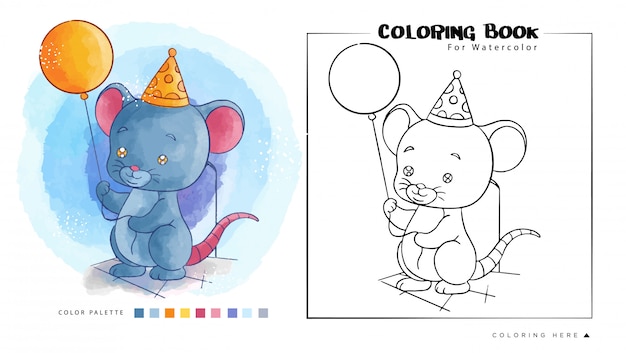 Mignon Souris Tenir Le Ballon D Anniversaire Illustration De Dessin Anime Pour Livre De Coloriage Aquarelle Vecteur Premium