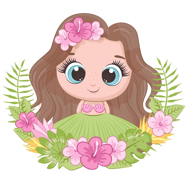 Mignonne Petite Fille Avec Une Couronne De Fleurs D Hawai Illustration Vectorielle De Dessin Anime Vecteur Premium