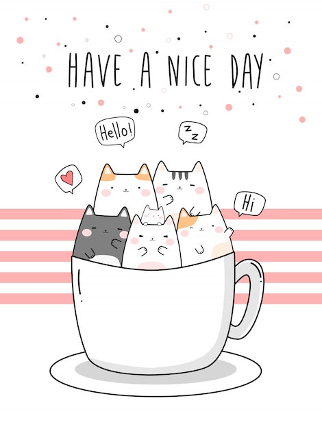 Mignons Chats Potelés Assis Dans Une Tasse De Dessin Animé