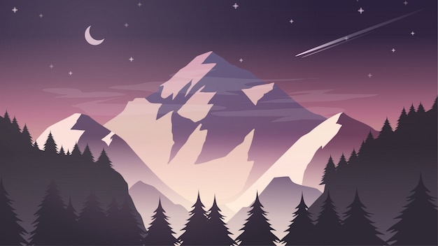 Misty snow mountain cliff pine tree nature paysage avec lune et étoiles au crépuscule, aube, nuit Vecteur Premium