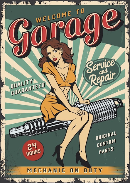 Modele D Affiche De Service De Garage Vintage Avec Pin Up Girl Vecteur Gratuite