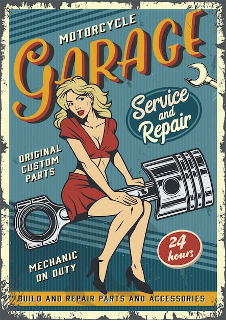 Modèle Daffiche De Service De Garage Vintage Avec Pin Up Girl