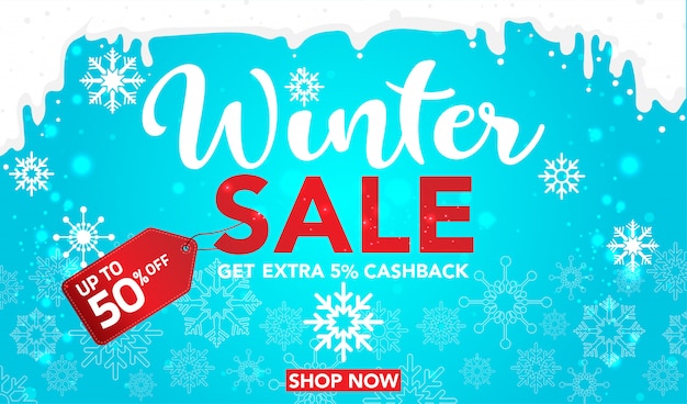 Modèle de bannière de vente hiver avec des flocons de neige sur fond bleu Vecteur Premium