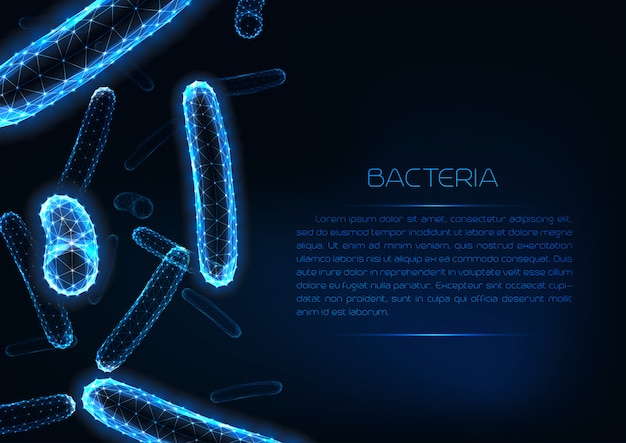 Modèle de bannière web futuriste rougeoyante faible médecine polygonale avec bactéries du bacille 3d. Vecteur Premium