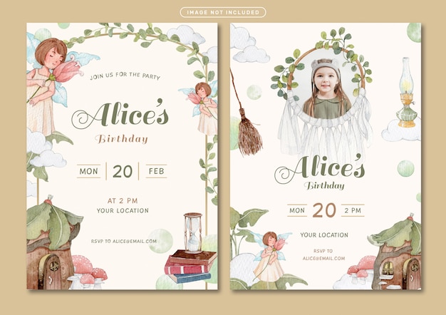 Modele De Carte D Invitation D Anniversaire Avec Illustration Aquarelle Theme Conte De Fees Vecteur Premium