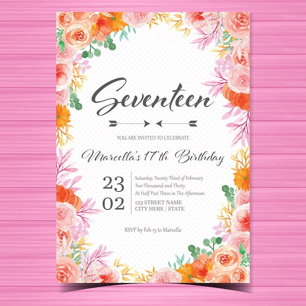 Modele De Carte D Invitation Anniversaire Avec De Magnifiques Fleurs A L Aquarelle Vecteur Premium