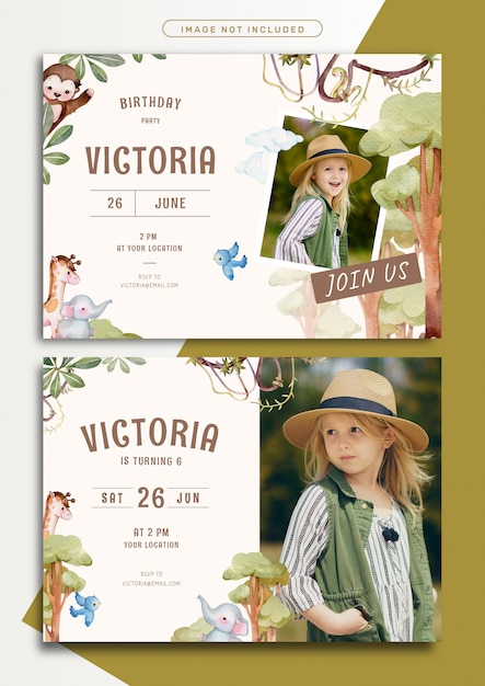 Modele De Carte D Invitation Anniversaire Theme Aventure Jungle Vecteur Premium