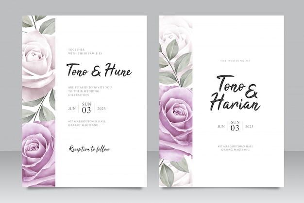 Modèle de carte d'invitation de mariage élégant avec de belles fleurs roses violettes Vecteur Premium