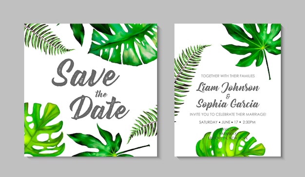 Modele De Carte Invitation De Mariage Avec Des Feuilles Tropicales Exotiques Vecteur Premium