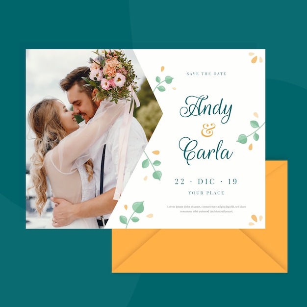 Modèle De Carte De Mariage Avec Photo De Couple Marié | Vecteur Gratuite