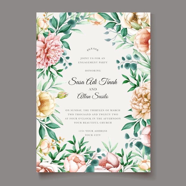 Vecteur Premium Modele De Cartes De Mariage Aquarelle Belle Fleur Fleurie Pivoine