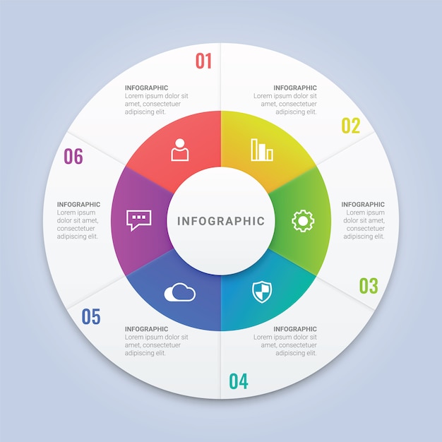 Modèle de cercle d'infographie avec 6 options pour la disposition du flux de travail, diagramme, rapport annuel, conception web Vecteur Premium