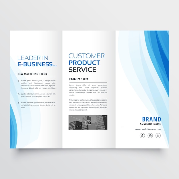 Modèle de conception de brochure triplé avec des formes ondulées bleues Vecteur gratuit