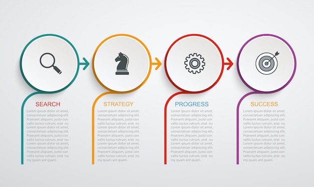Modèle de conception infographique avec structure en 4 étapes. données commerciales, organigramme, camembert avec lignes. Vecteur Premium
