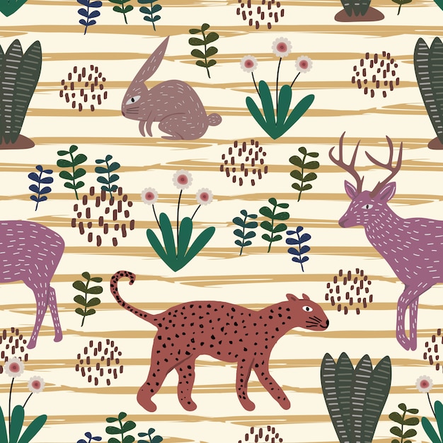 Modèle dessiné main animal mignon avec transparente coloré guépard, lapin et le cerf d'orignal Vecteur Premium