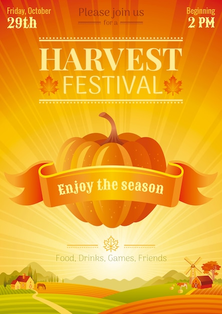 Modèle d'événement affiche festival de récolte. conception d'invitation fête automne. illustration vectorielle Vecteur Premium