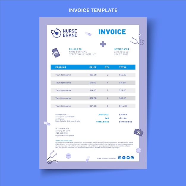 Modèle De Facture Médicale Plate  Vecteur Gratuite