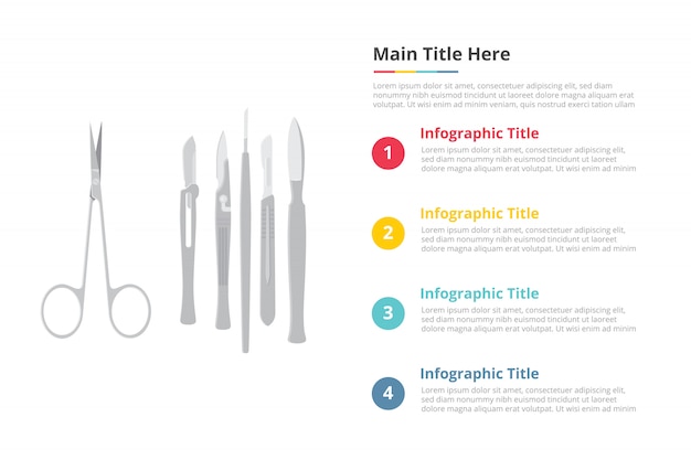 Modèle d'infographie outils de chirurgie instruments chirurgicaux avec 4 points d'espace libre description de texte Vecteur Premium