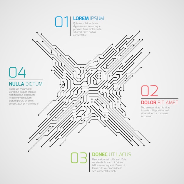 Modèle d'infographie vectorielle de technologie informatique avec circuit imprimé et options. haute technologie électronique Vecteur Premium