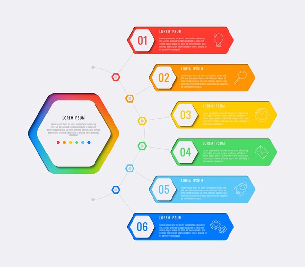 Modèle infographique de conception mise en page simple six étapes avec éléments hexagonaux Vecteur Premium