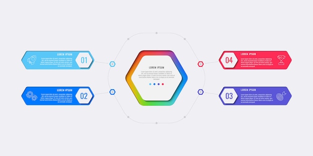 Modèle infographique de mise en page de conception simple quatre étapes avec éléments hexagonaux. Vecteur Premium