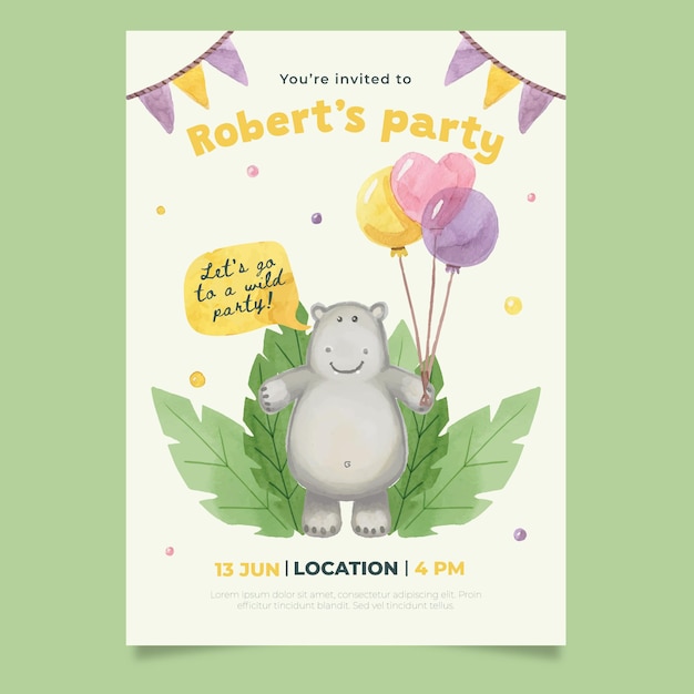 Modele D Invitation D Anniversaire Animaux Aquarelle Peinte A La Main Vecteur Premium