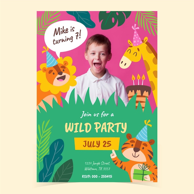 Modele D Invitation D Anniversaire Animaux Dessines A La Main Avec Photo Vecteur Gratuite Modele D Invitation D Anniversaire Animaux Dessines A La Main Avec Photo Vecteur Gratuite
