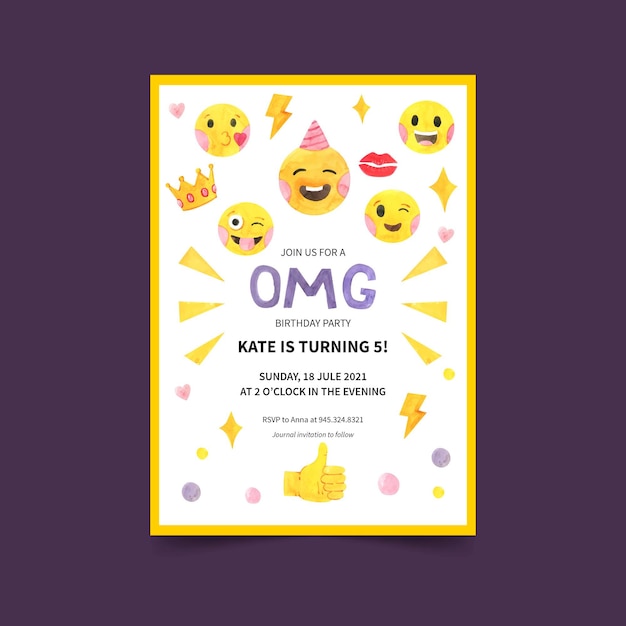 Modele D Invitation D Anniversaire Emoji Aquarelle Peinte A La Main Vecteur Gratuite