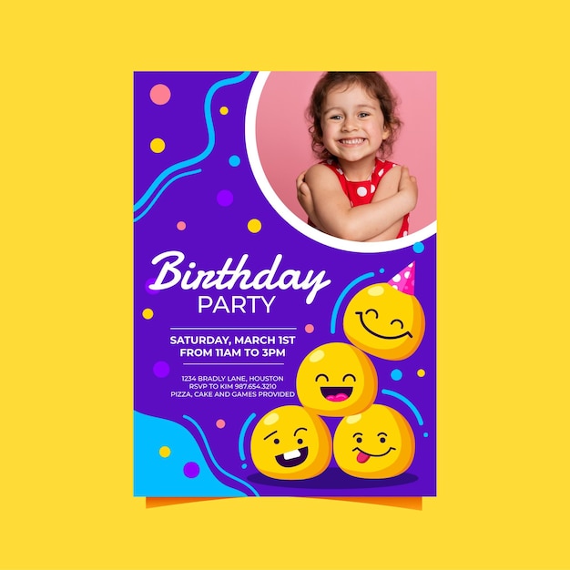 Modele D Invitation D Anniversaire Emoji De Dessin Anime Avec Photo Vecteur Gratuite