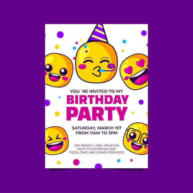 Modele D Invitation D Anniversaire Emoji De Dessin Anime Vecteur Gratuite